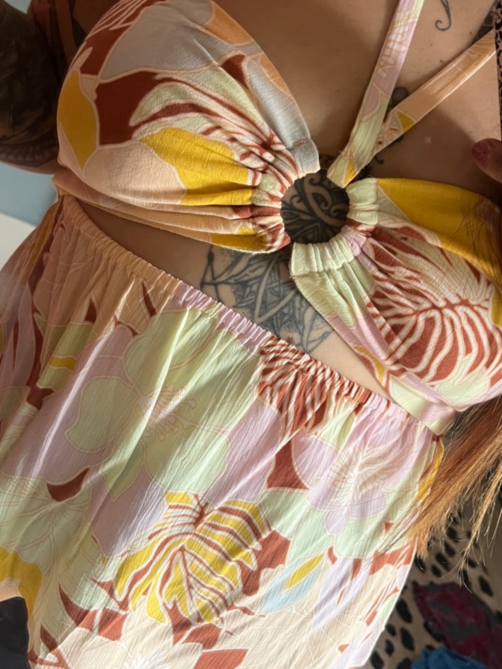 Volcom Floral Cutout top in Yellow, Pink, Cream, and Brown